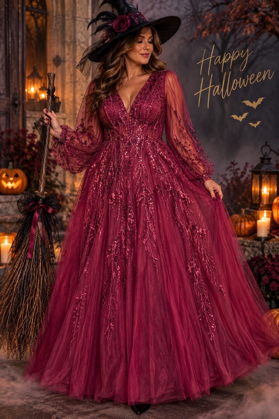 NWT Mac Duggal 20295 Embellished V-Neck Long Sleeve A-Line Gown Plum Size 18